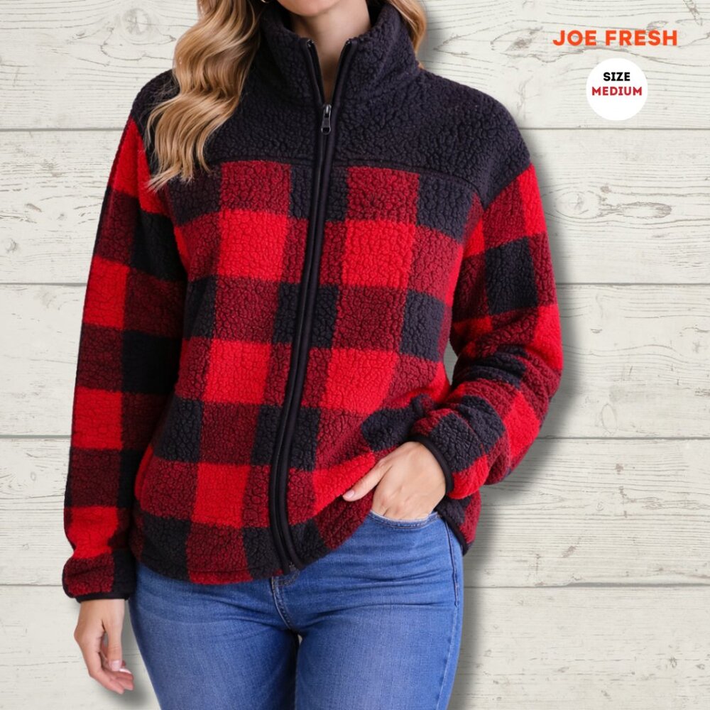 Joe Fresh Sherpa Jacket – Red/Black Buffalo Check | Size Medium